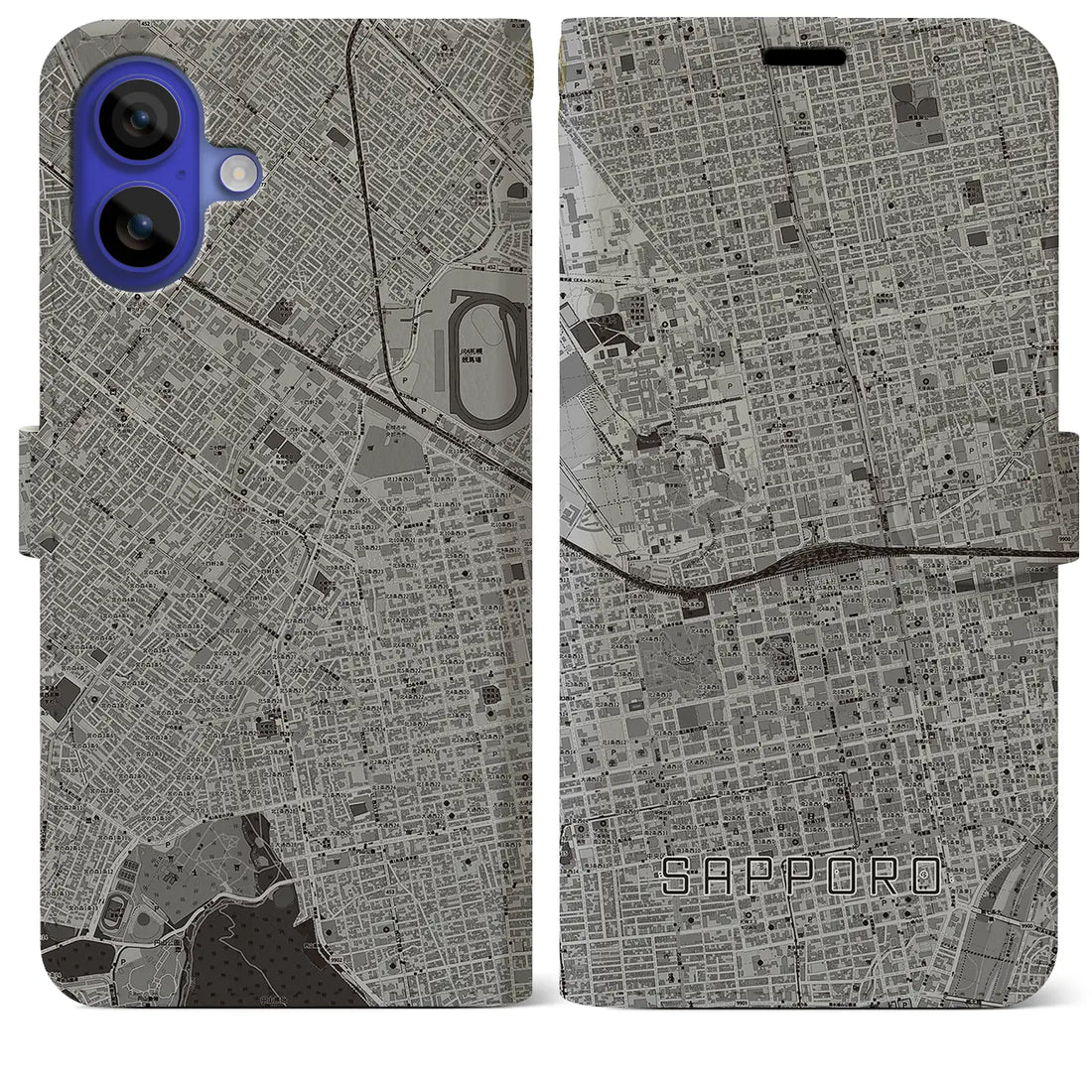 【札幌2(北海道)】地図柄iPhoneケース(手帳タイプ)モノトーン・iPhone 16 Pro Max 用