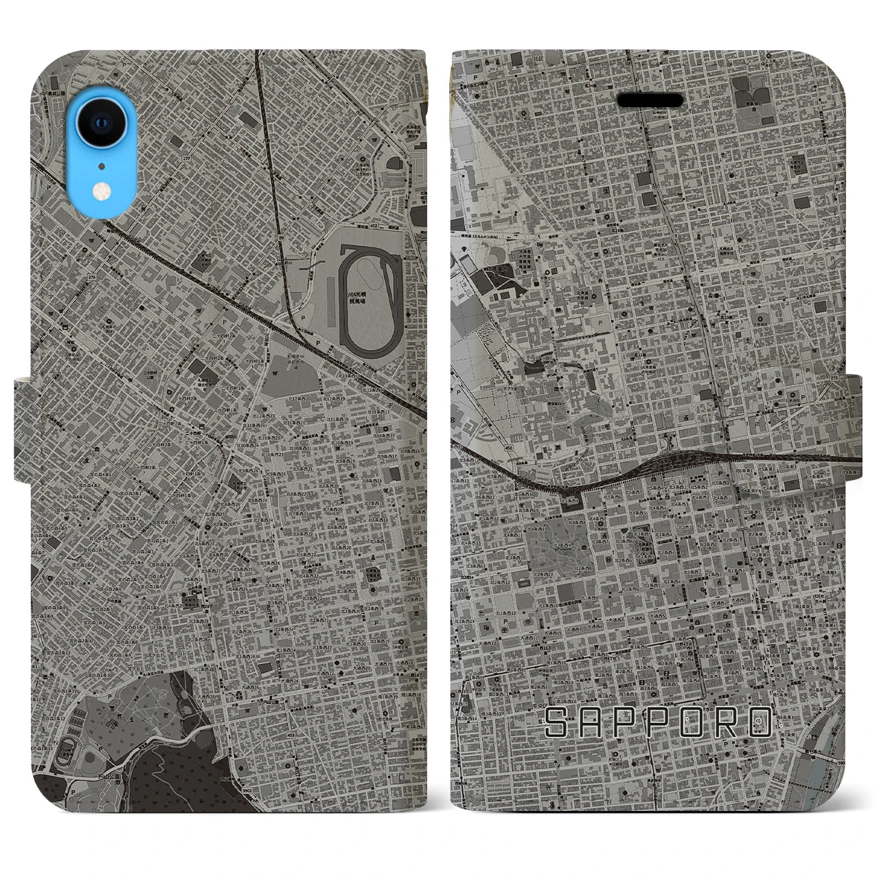【札幌2】地図柄iPhoneケース（手帳両面タイプ・モノトーン）iPhone XR 用