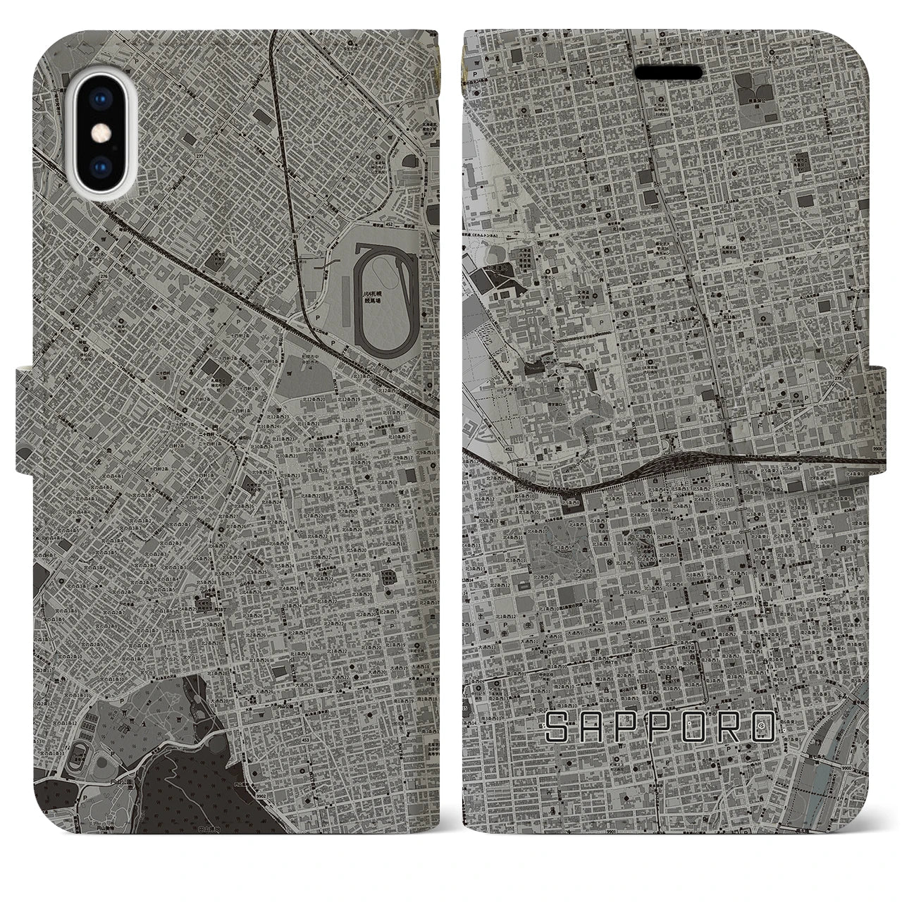 【札幌2】地図柄iPhoneケース（手帳両面タイプ・モノトーン）iPhone XS Max 用