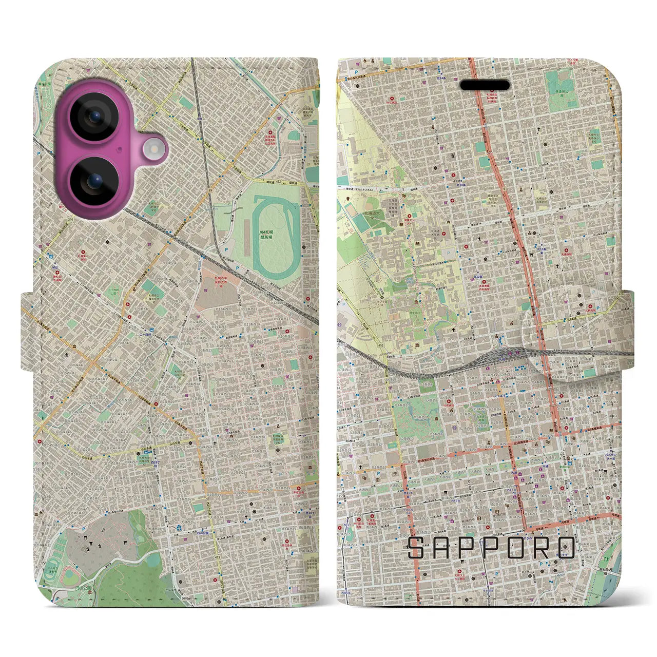 【札幌2（北海道）】地図柄iPhoneケース（手帳タイプ）ナチュラル・iPhone 16 Pro 用