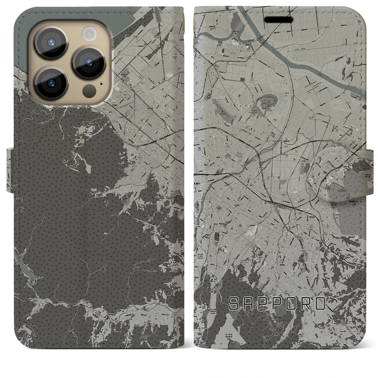 【札幌3】地図柄iPhoneケース（手帳両面タイプ・モノトーン）iPhone 14 Pro Max 用