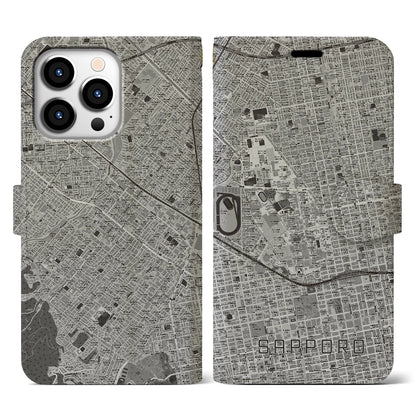 【札幌4（北海道）】地図柄iPhoneケース（手帳タイプ）モノトーン・iPhone 13 Pro 用