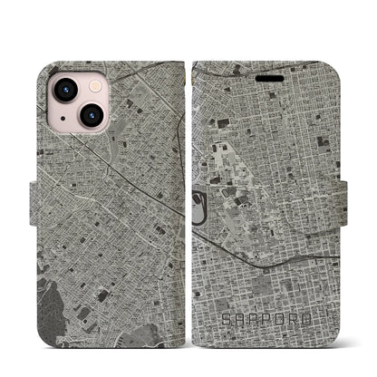 【札幌4（北海道）】地図柄iPhoneケース（手帳タイプ）モノトーン・iPhone 13 mini 用