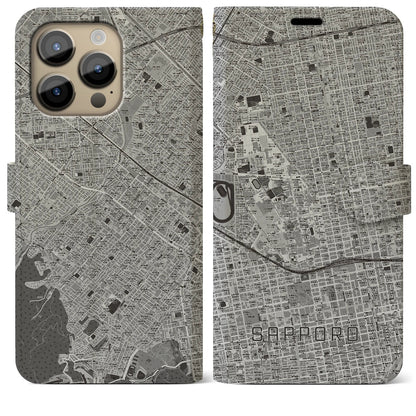 【札幌4（北海道）】地図柄iPhoneケース（手帳タイプ）モノトーン・iPhone 14 Pro Max 用