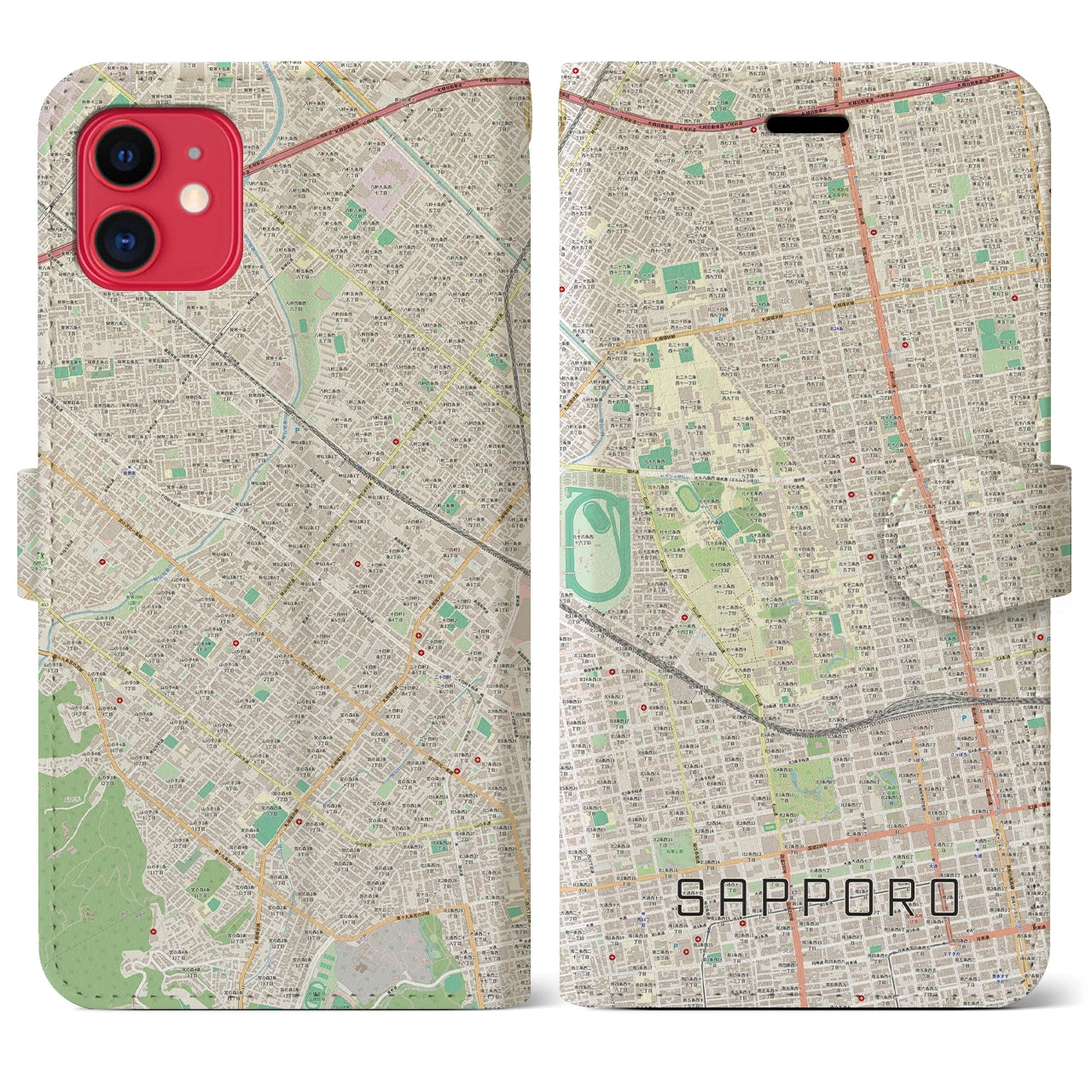 【札幌4】地図柄iPhoneケース（手帳両面タイプ・ナチュラル）iPhone 11 用
