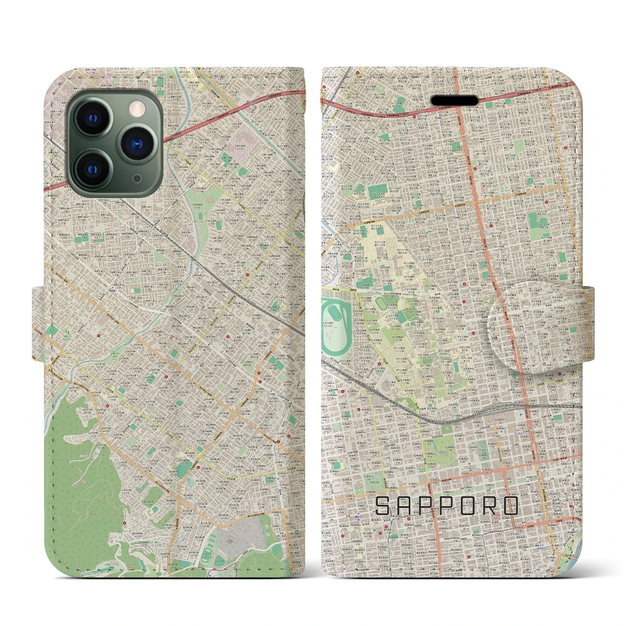 【札幌4】地図柄iPhoneケース（手帳両面タイプ・ナチュラル）iPhone 11 Pro 用