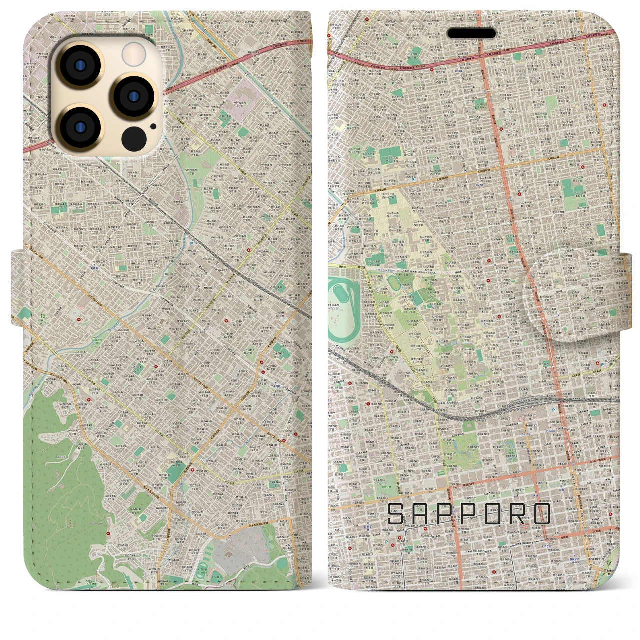 【札幌4】地図柄iPhoneケース（手帳両面タイプ・ナチュラル）iPhone 12 Pro Max 用