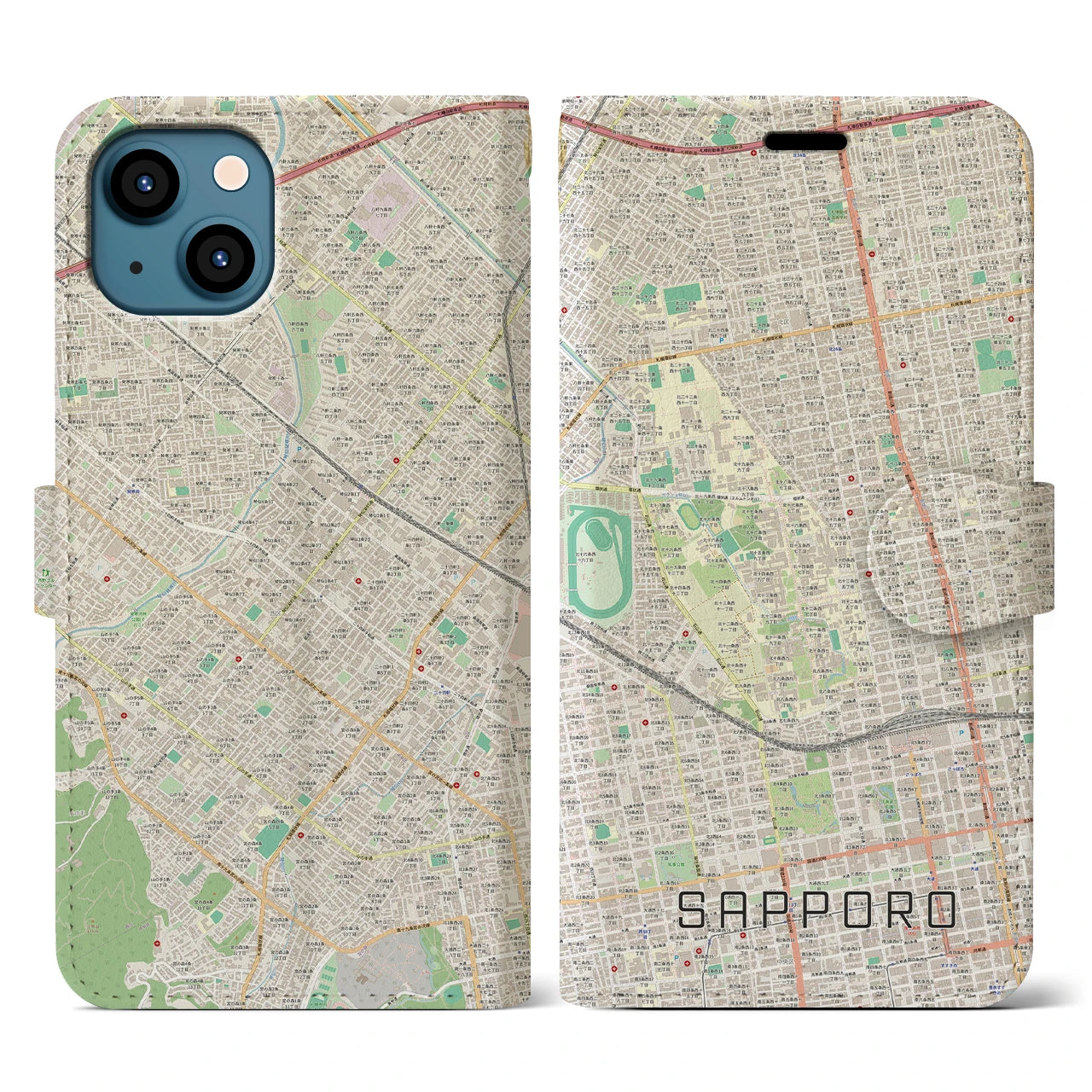 【札幌4】地図柄iPhoneケース（手帳両面タイプ・ナチュラル）iPhone 13 用