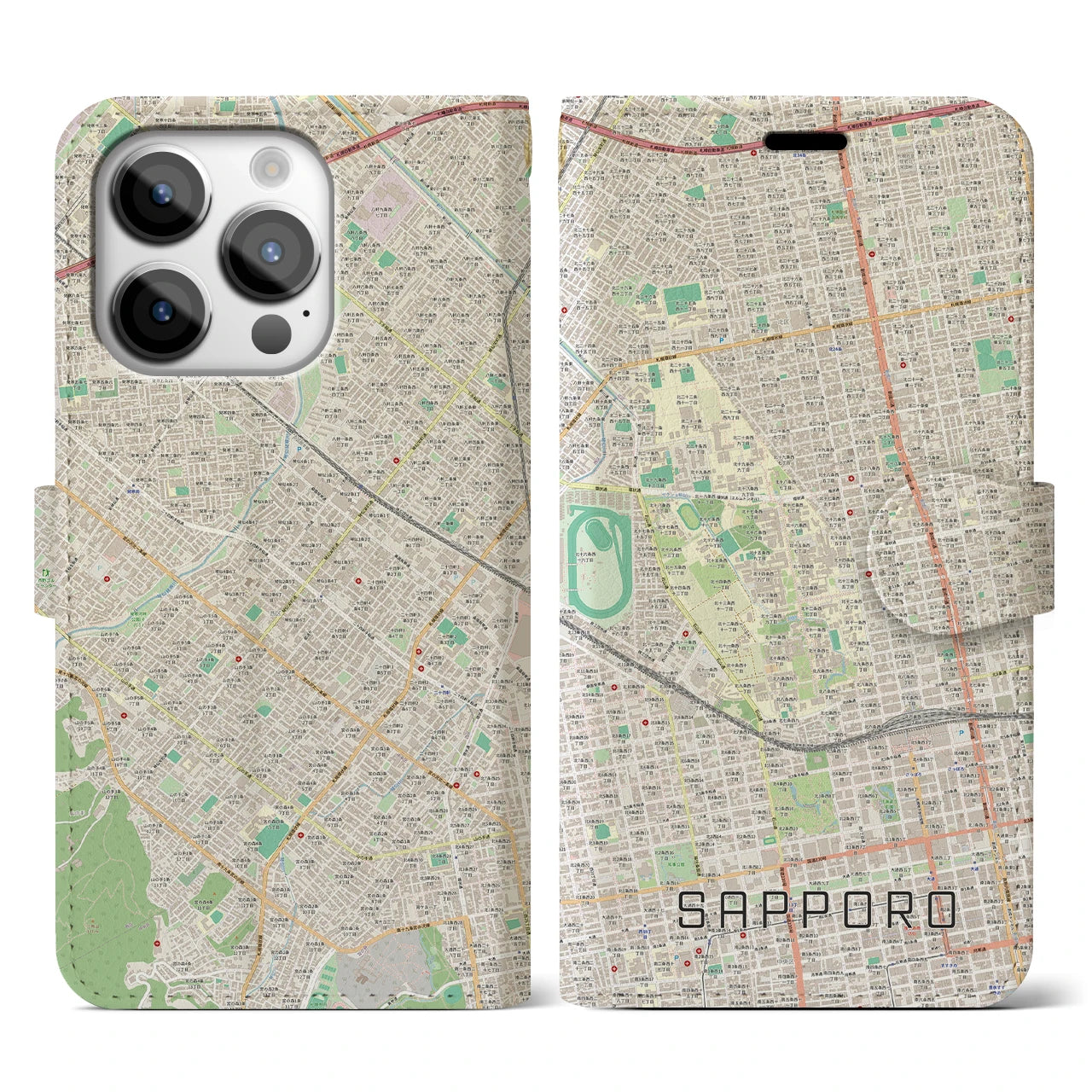 【札幌4】地図柄iPhoneケース（手帳両面タイプ・ナチュラル）iPhone 14 Pro 用