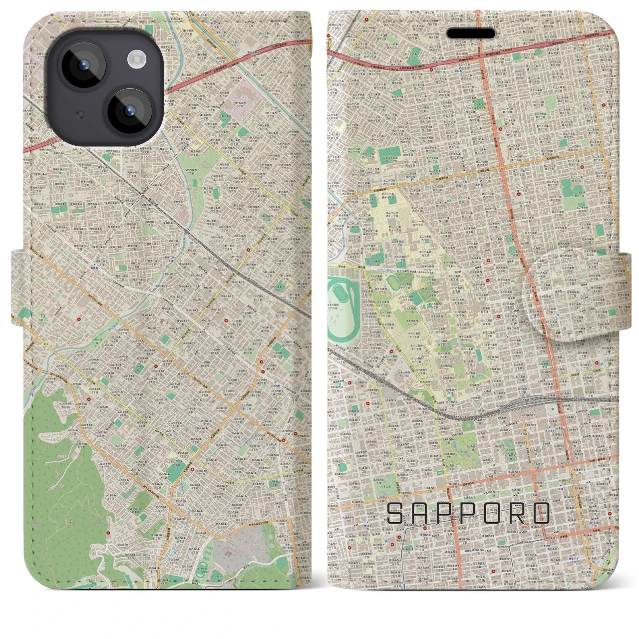 【札幌4】地図柄iPhoneケース（手帳両面タイプ・ナチュラル）iPhone 14 Plus 用