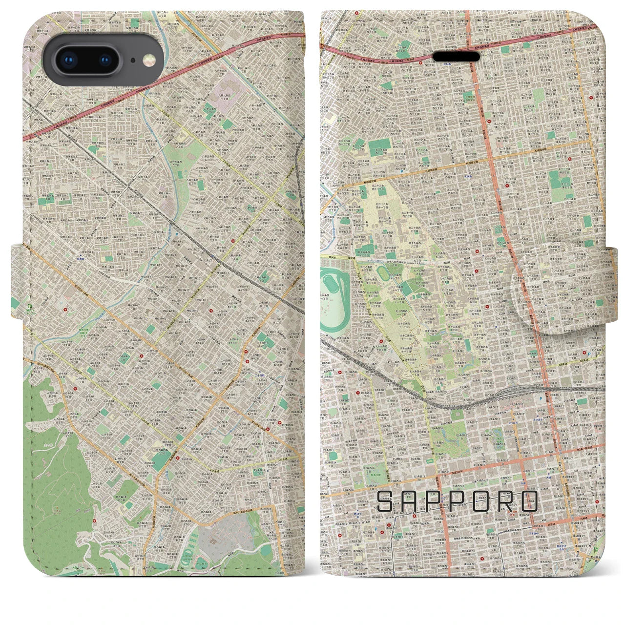 【札幌4（北海道）】地図柄iPhoneケース（手帳タイプ）ナチュラル・iPhone 8Plus /7Plus / 6sPlus / 6Plus 用