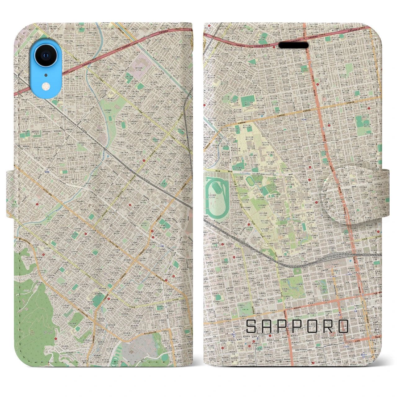 【札幌4】地図柄iPhoneケース（手帳両面タイプ・ナチュラル）iPhone XR 用