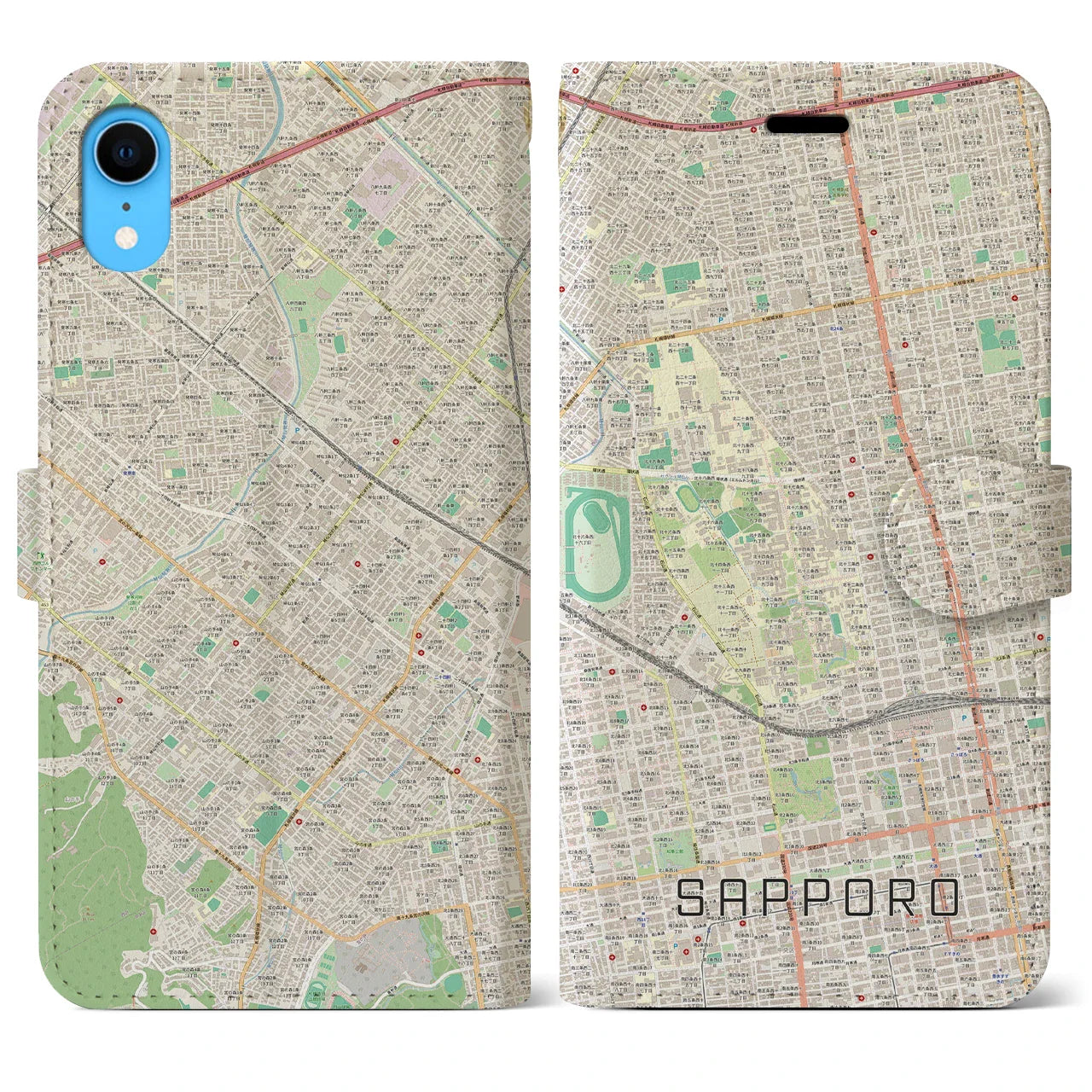 【札幌4（北海道）】地図柄iPhoneケース（手帳タイプ）ナチュラル・iPhone XR 用