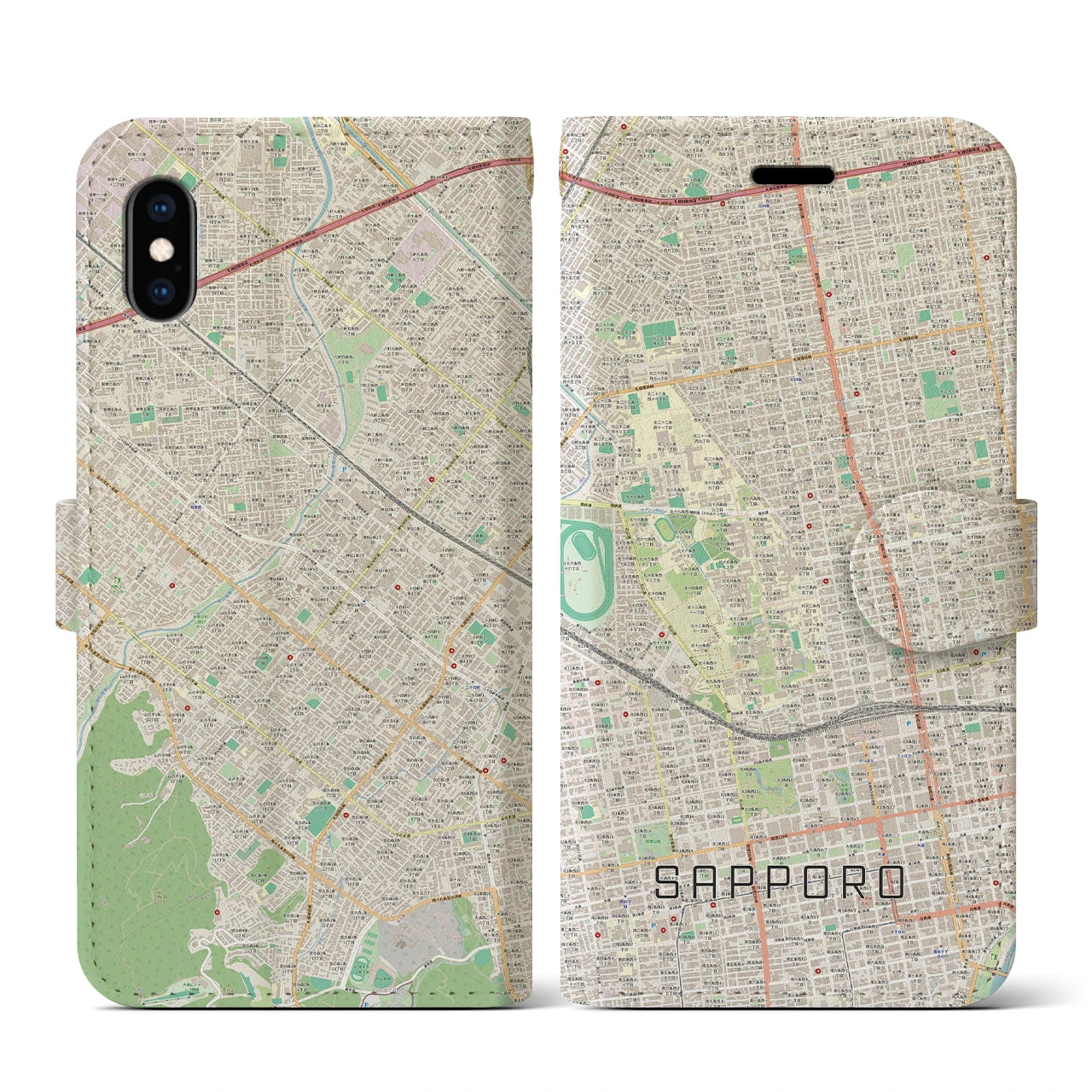【札幌4】地図柄iPhoneケース（手帳両面タイプ・ナチュラル）iPhone XS / X 用