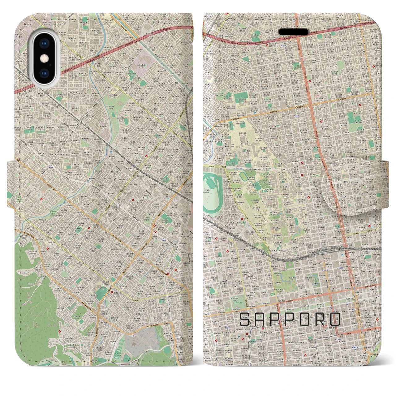【札幌4】地図柄iPhoneケース（手帳両面タイプ・ナチュラル）iPhone XS Max 用