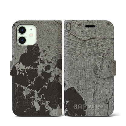【札幌（北海道）】地図柄iPhoneケース（手帳タイプ）モノトーン・iPhone 12 mini 用