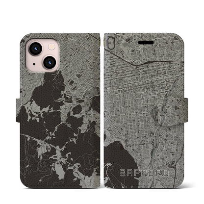 【札幌（北海道）】地図柄iPhoneケース（手帳タイプ）モノトーン・iPhone 13 mini 用