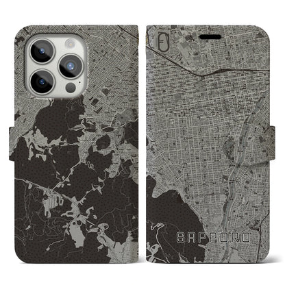 【札幌（北海道）】地図柄iPhoneケース（手帳タイプ）モノトーン・iPhone 15 Pro 用