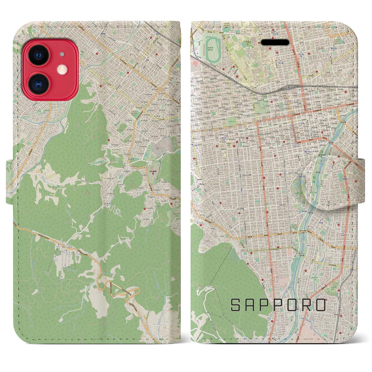 【札幌】地図柄iPhoneケース（手帳両面タイプ・ナチュラル）iPhone 11 用