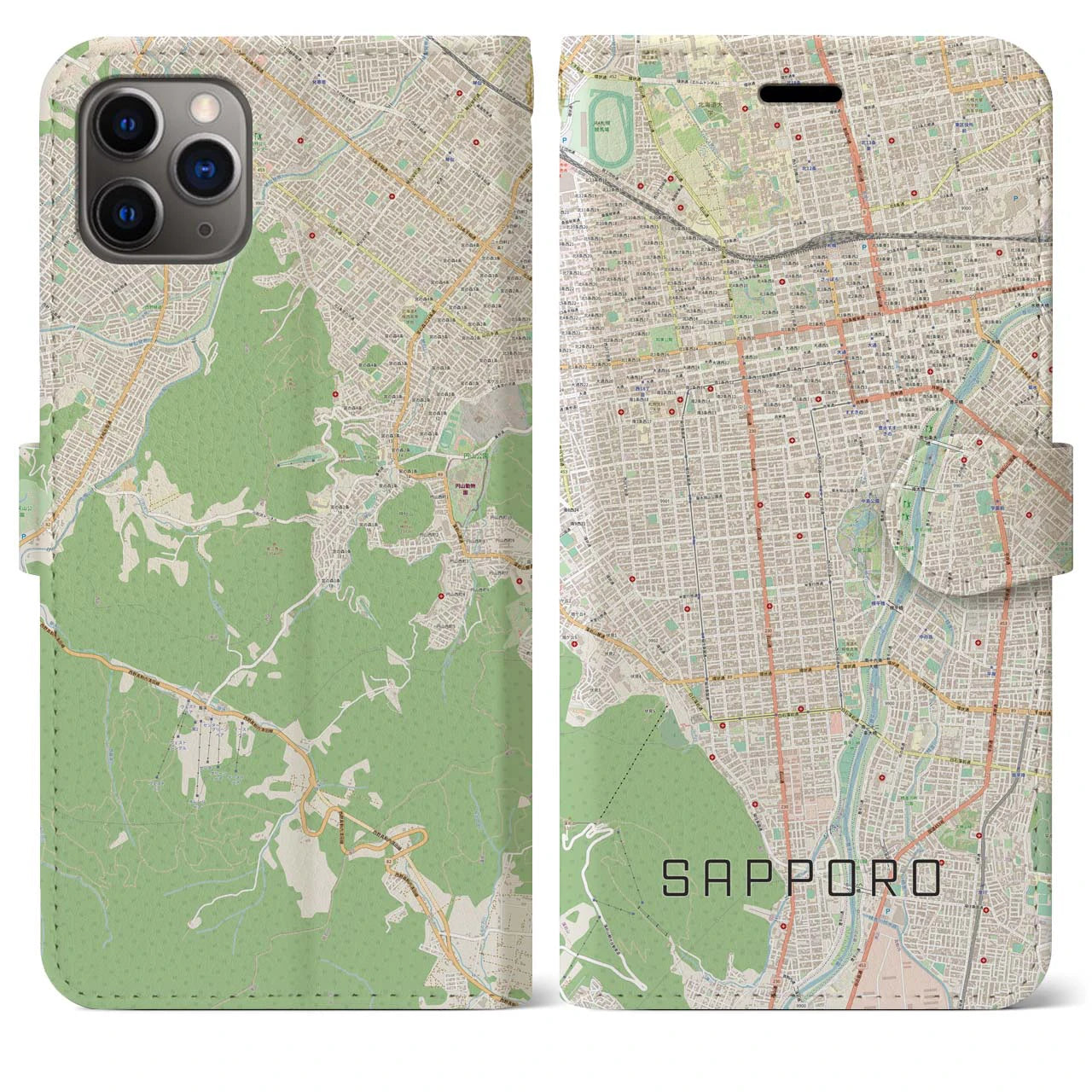 【札幌】地図柄iPhoneケース（手帳両面タイプ・ナチュラル）iPhone 11 Pro Max 用