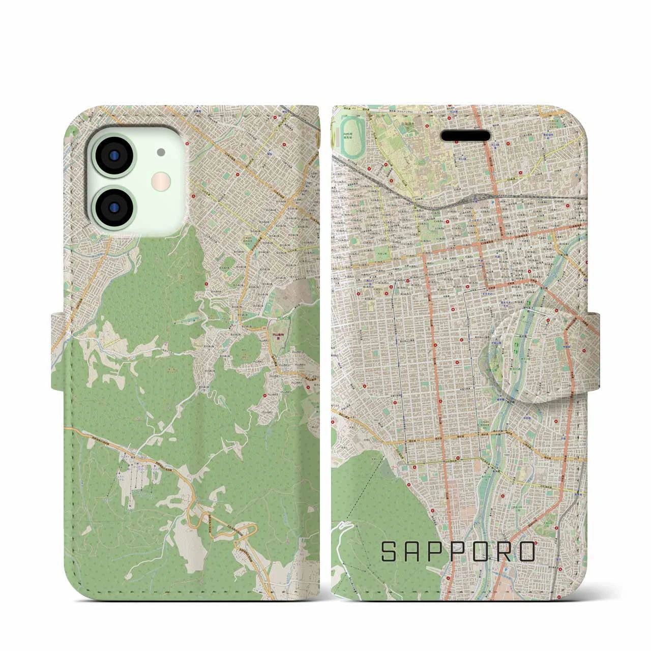 【札幌】地図柄iPhoneケース（手帳両面タイプ・ナチュラル）iPhone 12 mini 用