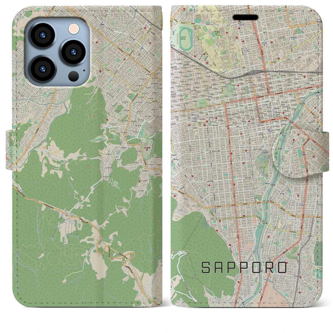 【札幌】地図柄iPhoneケース（手帳両面タイプ・ナチュラル）iPhone 13 Pro Max 用