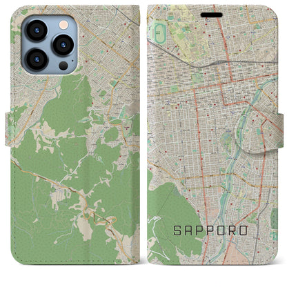 【札幌（北海道）】地図柄iPhoneケース（手帳タイプ）ナチュラル・iPhone 13 Pro Max 用