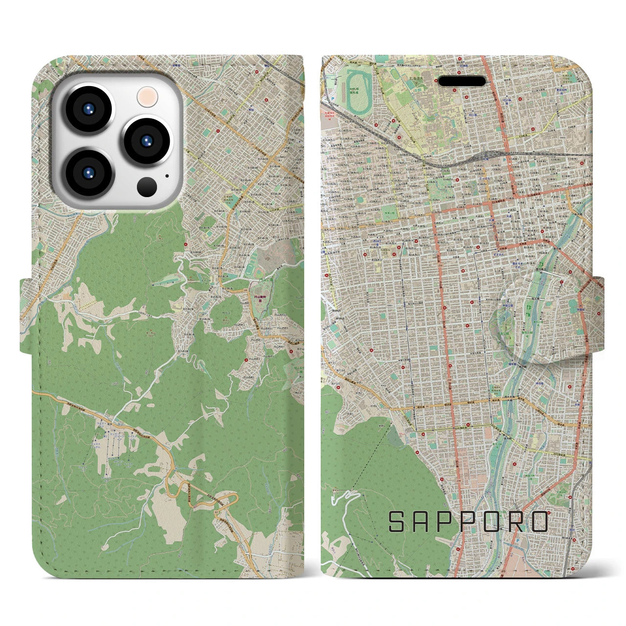 【札幌】地図柄iPhoneケース（手帳両面タイプ・ナチュラル）iPhone 13 Pro 用