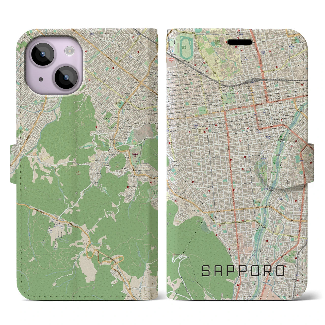 【札幌】地図柄iPhoneケース（手帳両面タイプ・ナチュラル）iPhone 14 用