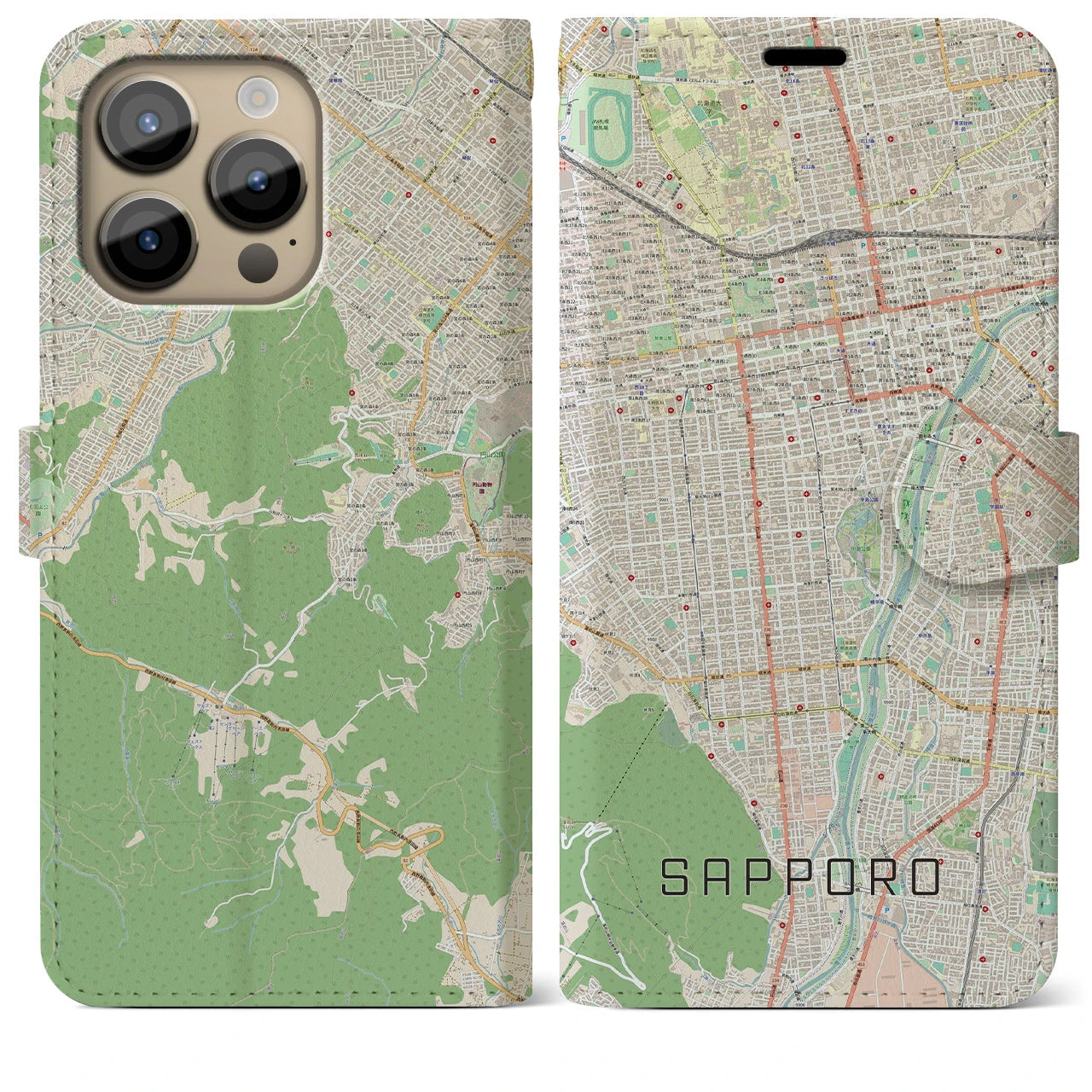 【札幌】地図柄iPhoneケース（手帳両面タイプ・ナチュラル）iPhone 14 Pro Max 用