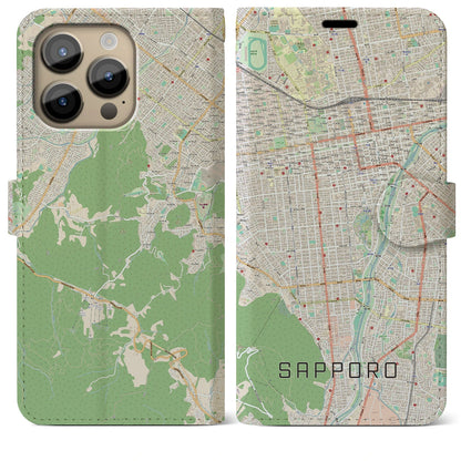 【札幌（北海道）】地図柄iPhoneケース（手帳タイプ）ナチュラル・iPhone 14 Pro Max 用