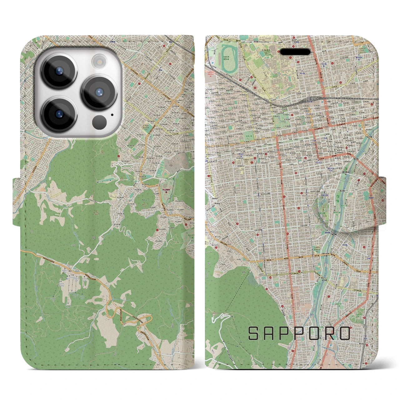 【札幌】地図柄iPhoneケース（手帳両面タイプ・ナチュラル）iPhone 14 Pro 用