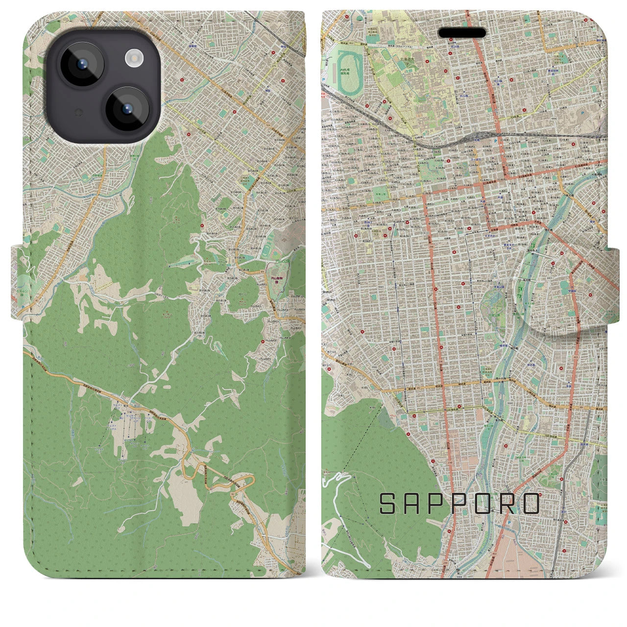 【札幌】地図柄iPhoneケース（手帳両面タイプ・ナチュラル）iPhone 14 Plus 用