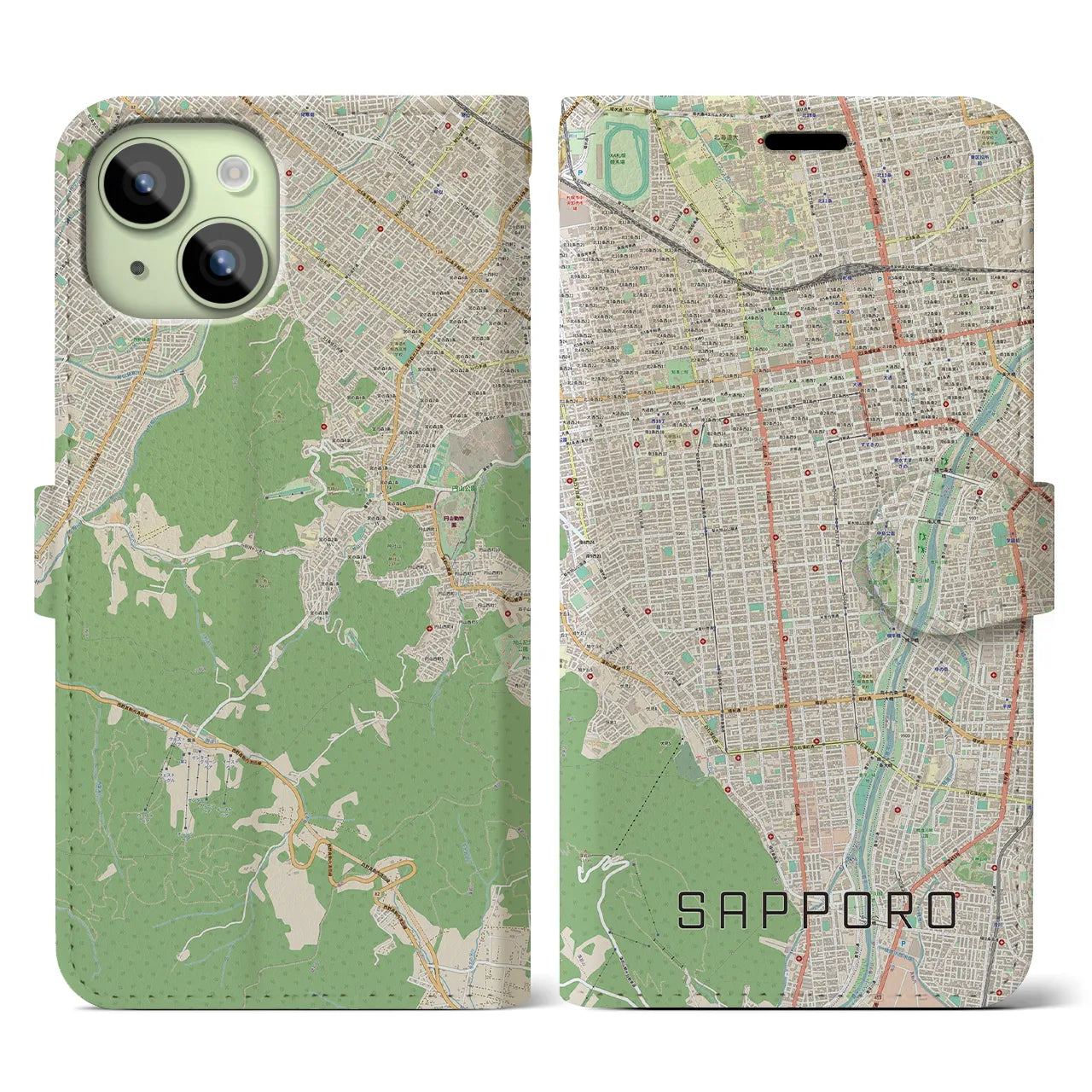 【札幌】地図柄iPhoneケース（手帳両面タイプ・ナチュラル）iPhone 15 用