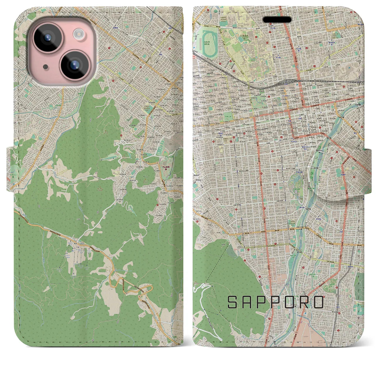 【札幌】地図柄iPhoneケース（手帳両面タイプ・ナチュラル）iPhone 15 Plus 用
