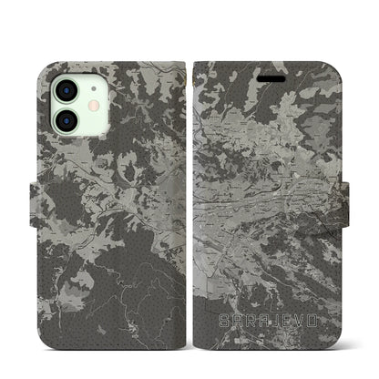【サラエヴォ（ボスニア・ヘルツェゴビナ）】地図柄iPhoneケース（手帳タイプ）モノトーン・iPhone 12 mini 用