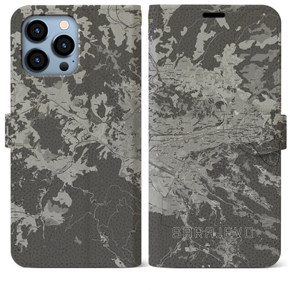 【サラエヴォ（ボスニア・ヘルツェゴビナ）】地図柄iPhoneケース（手帳タイプ）モノトーン・iPhone 13 Pro Max 用