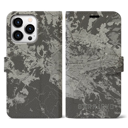 【サラエヴォ（ボスニア・ヘルツェゴビナ）】地図柄iPhoneケース（手帳タイプ）モノトーン・iPhone 13 Pro 用