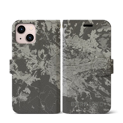 【サラエヴォ（ボスニア・ヘルツェゴビナ）】地図柄iPhoneケース（手帳タイプ）モノトーン・iPhone 13 mini 用