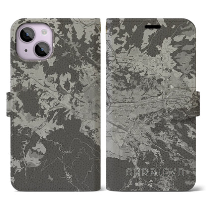 【サラエヴォ（ボスニア・ヘルツェゴビナ）】地図柄iPhoneケース（手帳タイプ）モノトーン・iPhone 14 用
