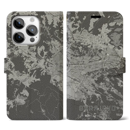 【サラエヴォ（ボスニア・ヘルツェゴビナ）】地図柄iPhoneケース（手帳タイプ）モノトーン・iPhone 14 Pro 用