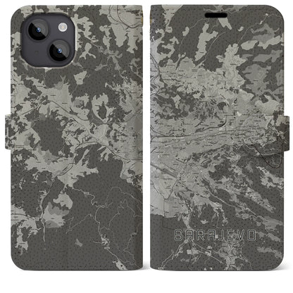 【サラエヴォ（ボスニア・ヘルツェゴビナ）】地図柄iPhoneケース（手帳タイプ）モノトーン・iPhone 14 Plus 用