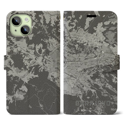 【サラエヴォ（ボスニア・ヘルツェゴビナ）】地図柄iPhoneケース（手帳タイプ）モノトーン・iPhone 15 用