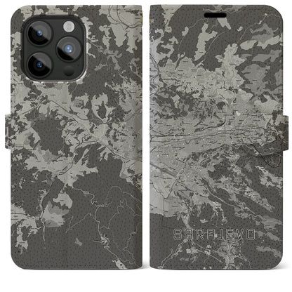【サラエヴォ（ボスニア・ヘルツェゴビナ）】地図柄iPhoneケース（手帳タイプ）モノトーン・iPhone 15 Pro Max 用