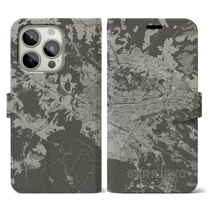 【サラエヴォ（ボスニア・ヘルツェゴビナ）】地図柄iPhoneケース（手帳タイプ）モノトーン・iPhone 15 Pro 用