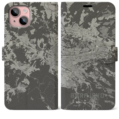 【サラエヴォ（ボスニア・ヘルツェゴビナ）】地図柄iPhoneケース（手帳タイプ）モノトーン・iPhone 15 Plus 用