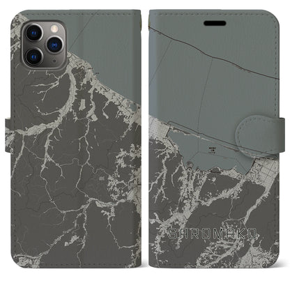 【サロマ湖（北海道）】地図柄iPhoneケース（手帳タイプ）モノトーン・iPhone 11 Pro Max 用