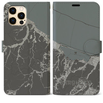 【サロマ湖（北海道）】地図柄iPhoneケース（手帳タイプ）モノトーン・iPhone 12 Pro Max 用