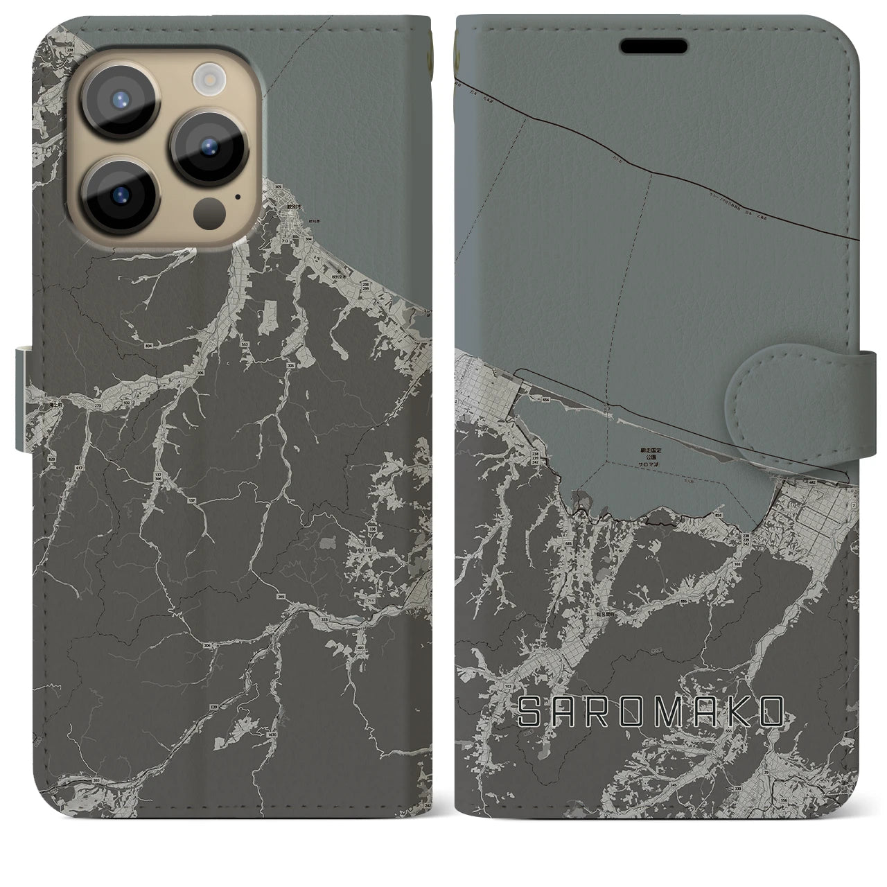 【サロマ湖】地図柄iPhoneケース（手帳両面タイプ・モノトーン）iPhone 14 Pro Max 用
