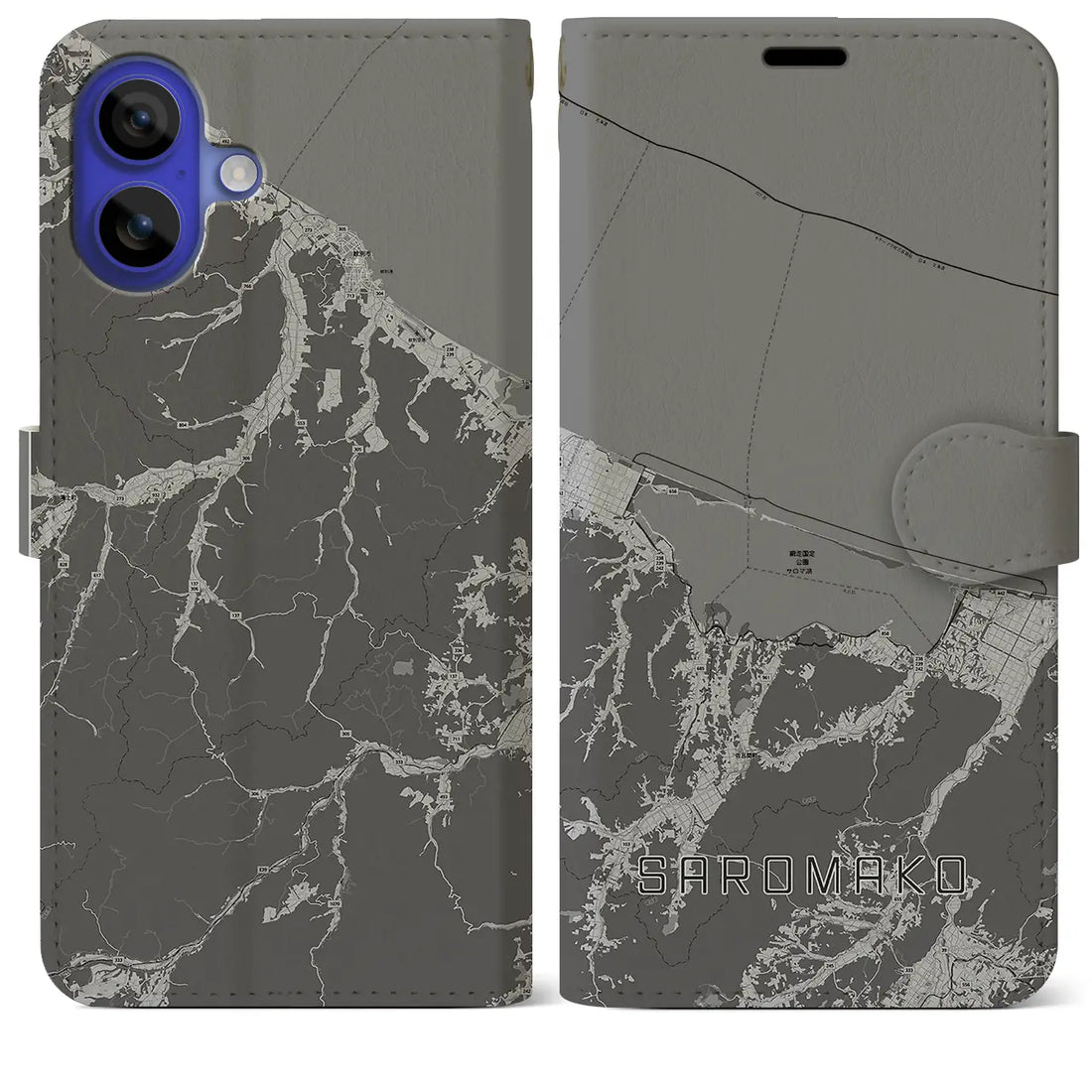 【サロマ湖(北海道)】地図柄iPhoneケース(手帳タイプ)モノトーン・iPhone 16 Pro Max 用